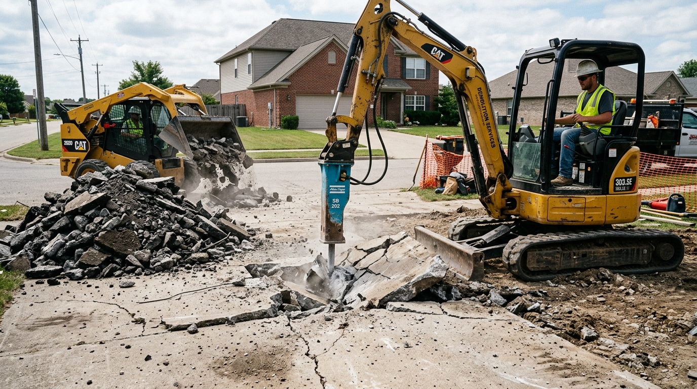 Excavator breaking up old failed driveway concrete for removal