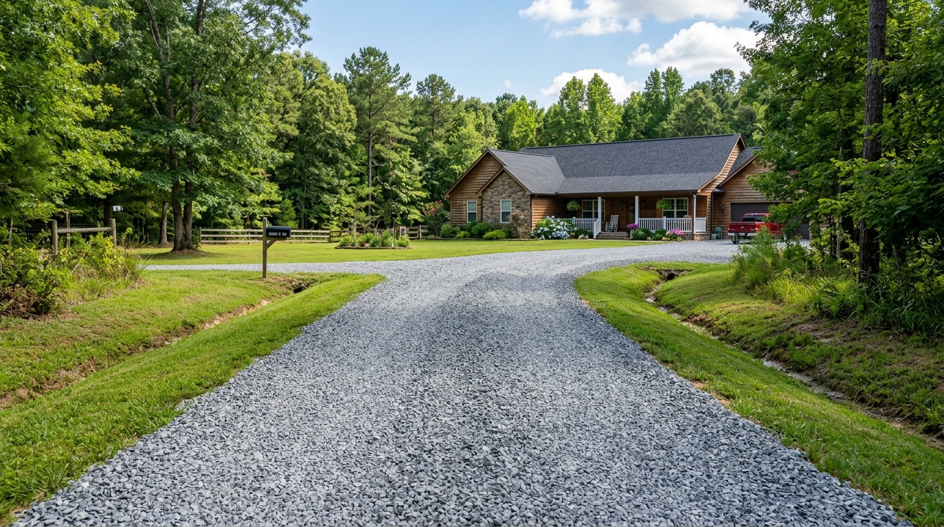 Compacted crushed SB2 limestone gravel driveway in Central Arkansas