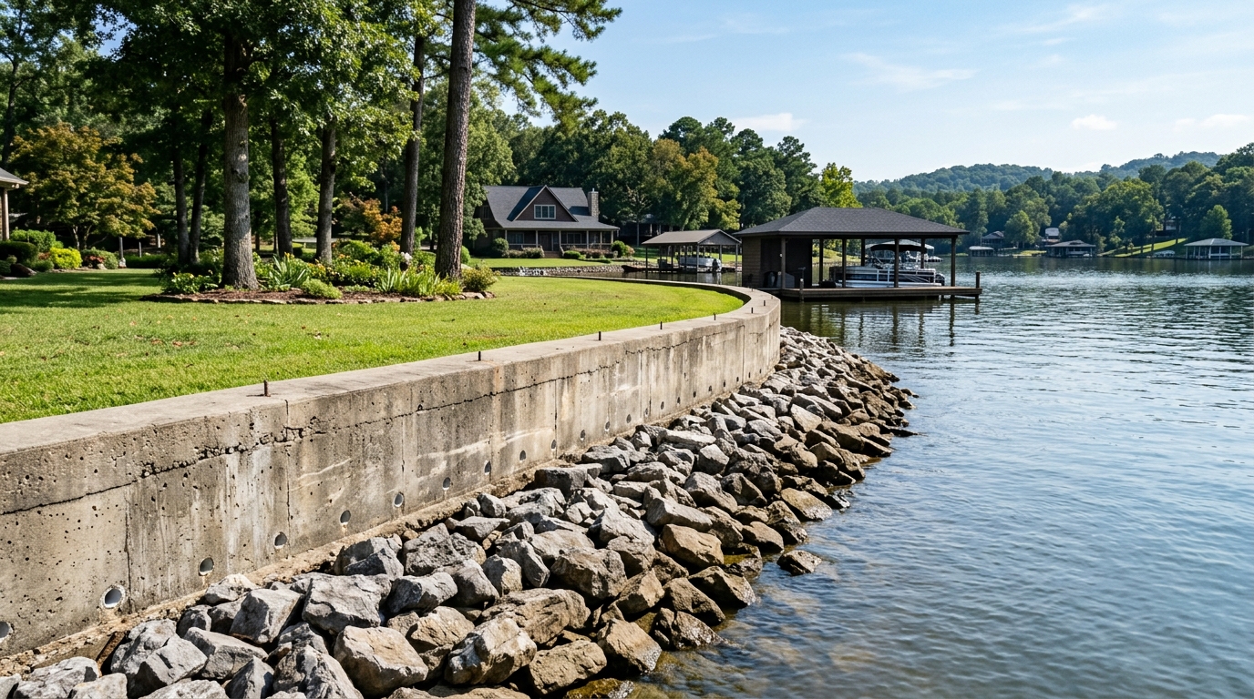 Lakefront concrete seawall construction and repair on Lake Hamilton Hot Springs AR