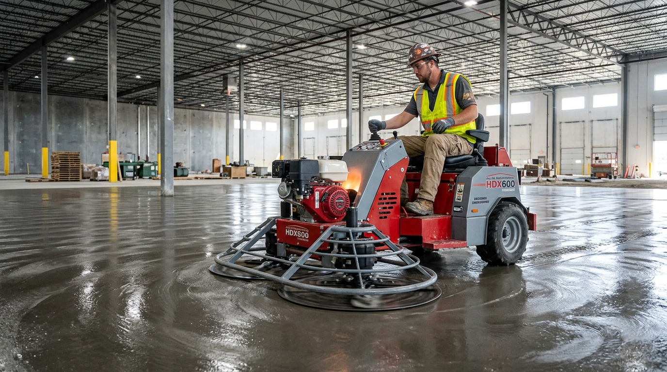Power trowel finishing a concrete slab