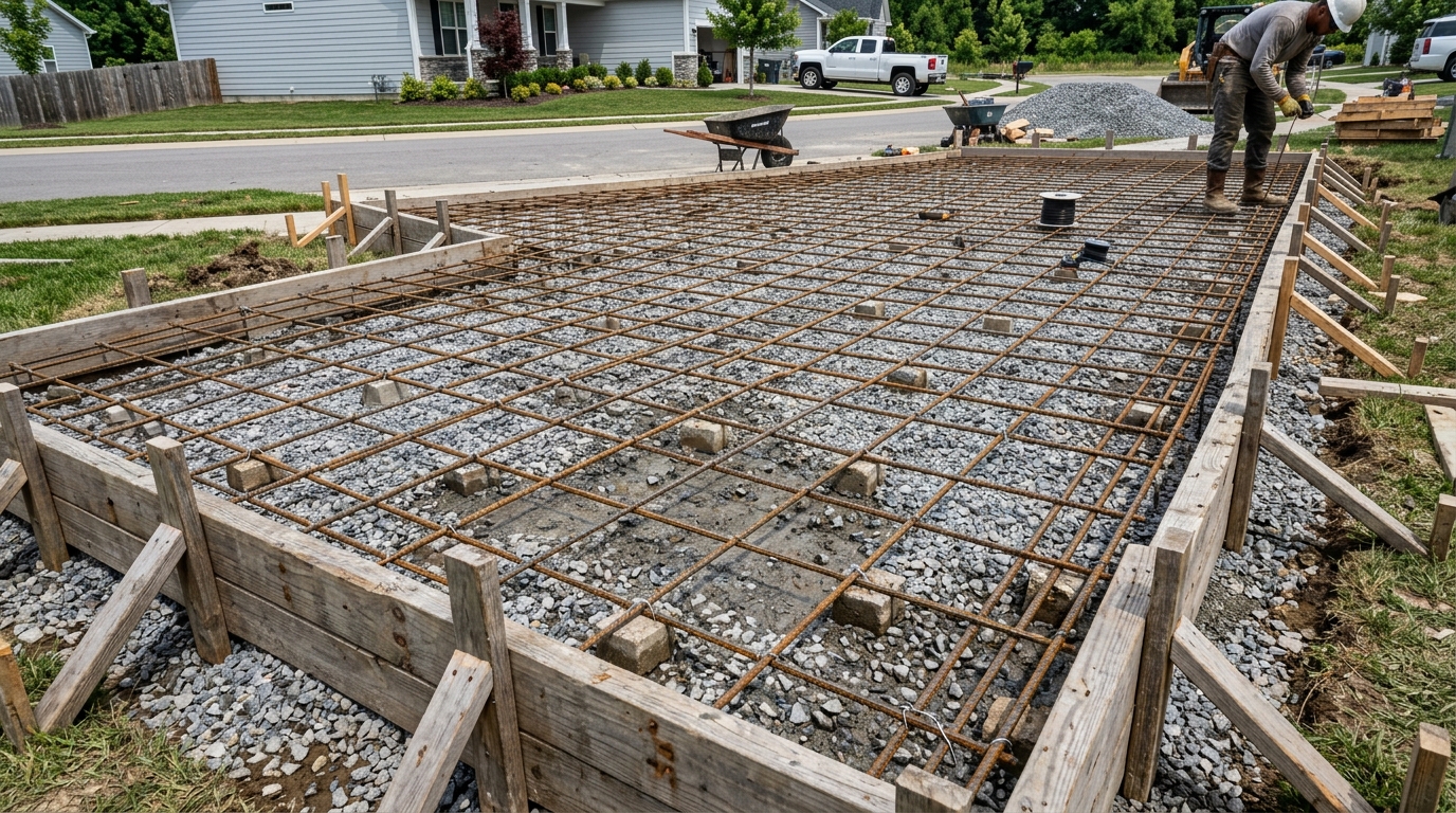 Rebar grid formwork setup for poured residential concrete driveway