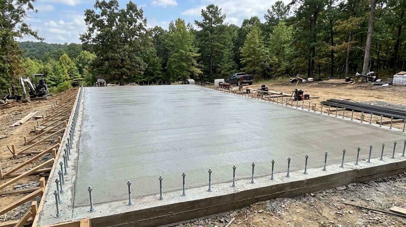 Monolithic concrete slab with perimeter turn down footings and rebar grid in Hot Springs AR