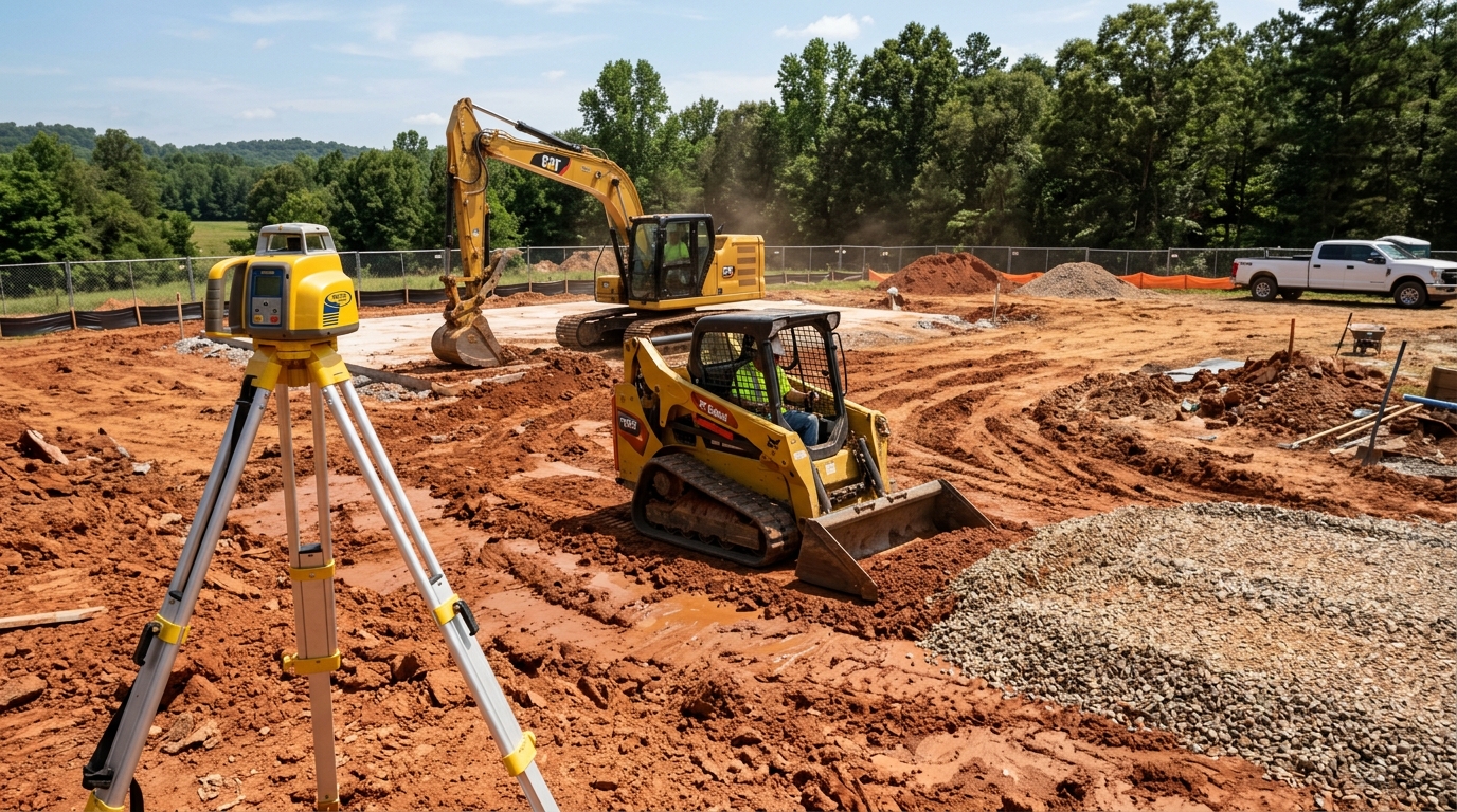 Excavator grading dirt site preparation for building pad and gravel driveway in Hot Springs AR