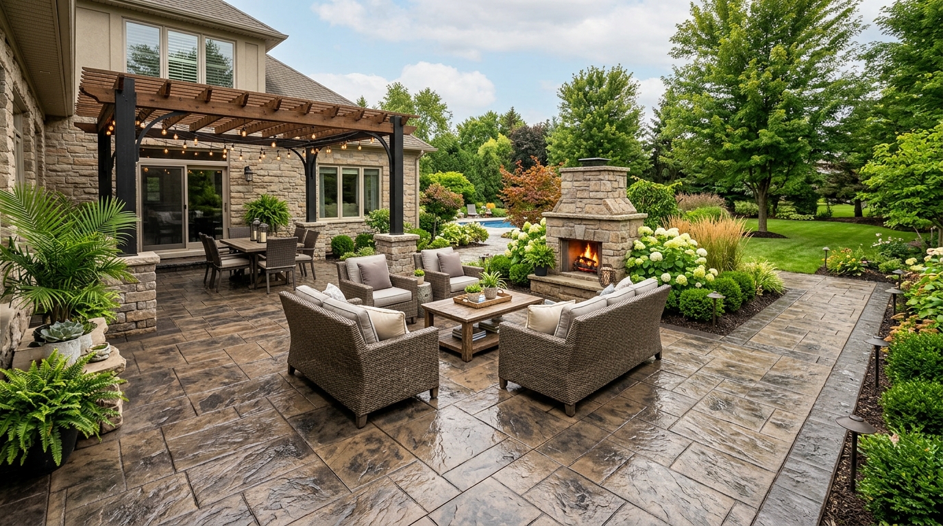 Stamped concrete patio with natural stone texture and gloss protective finish in Hot Springs AR