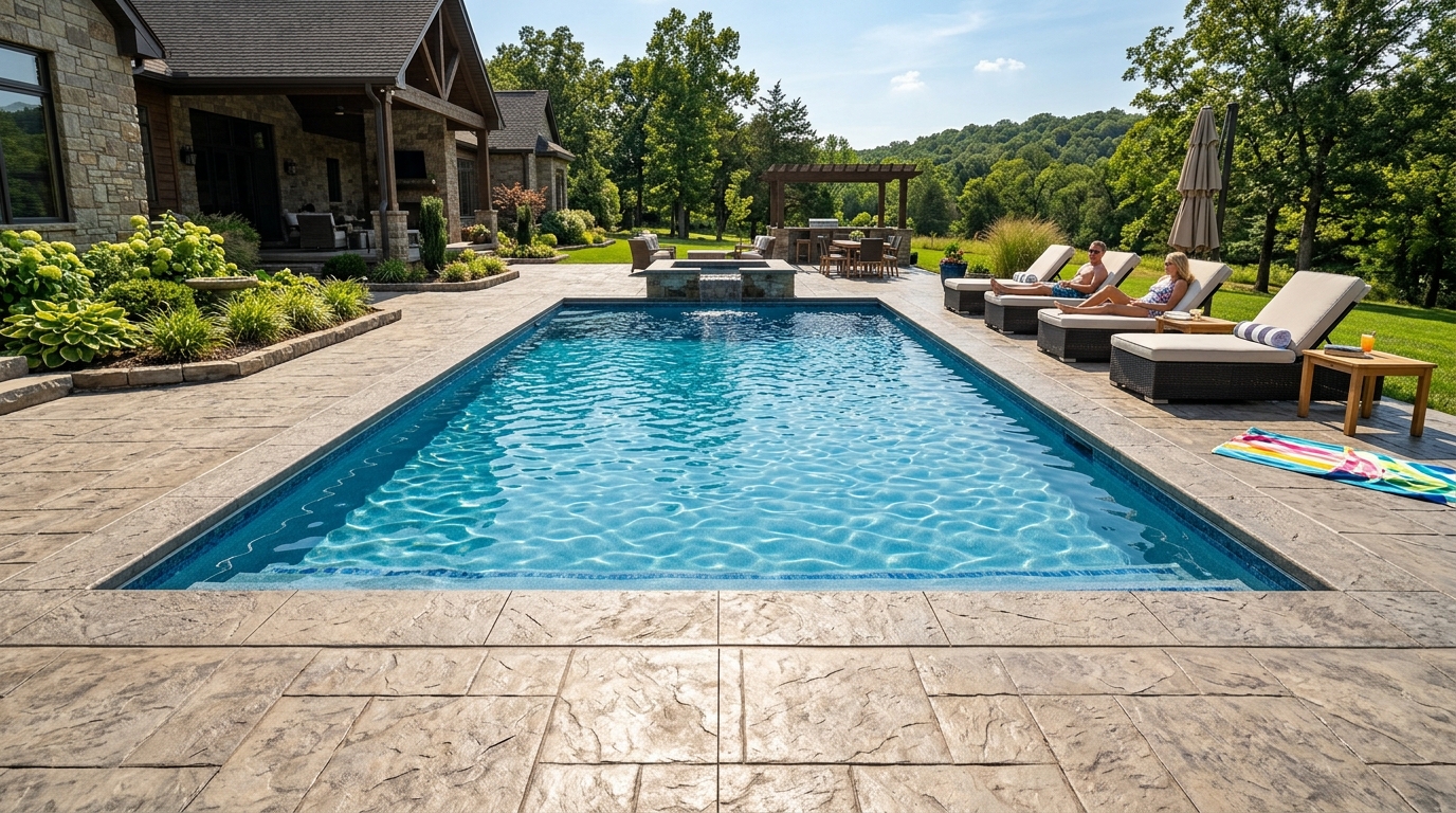 Stamped concrete pool deck with non-slip coating in Hot Springs AR